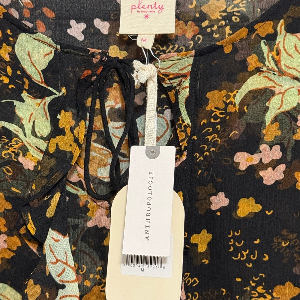 NWT- Anthropologie -PLENTY, sheer printed Kappa, black motif, Floral Blouse. M - Picture 6 of 8